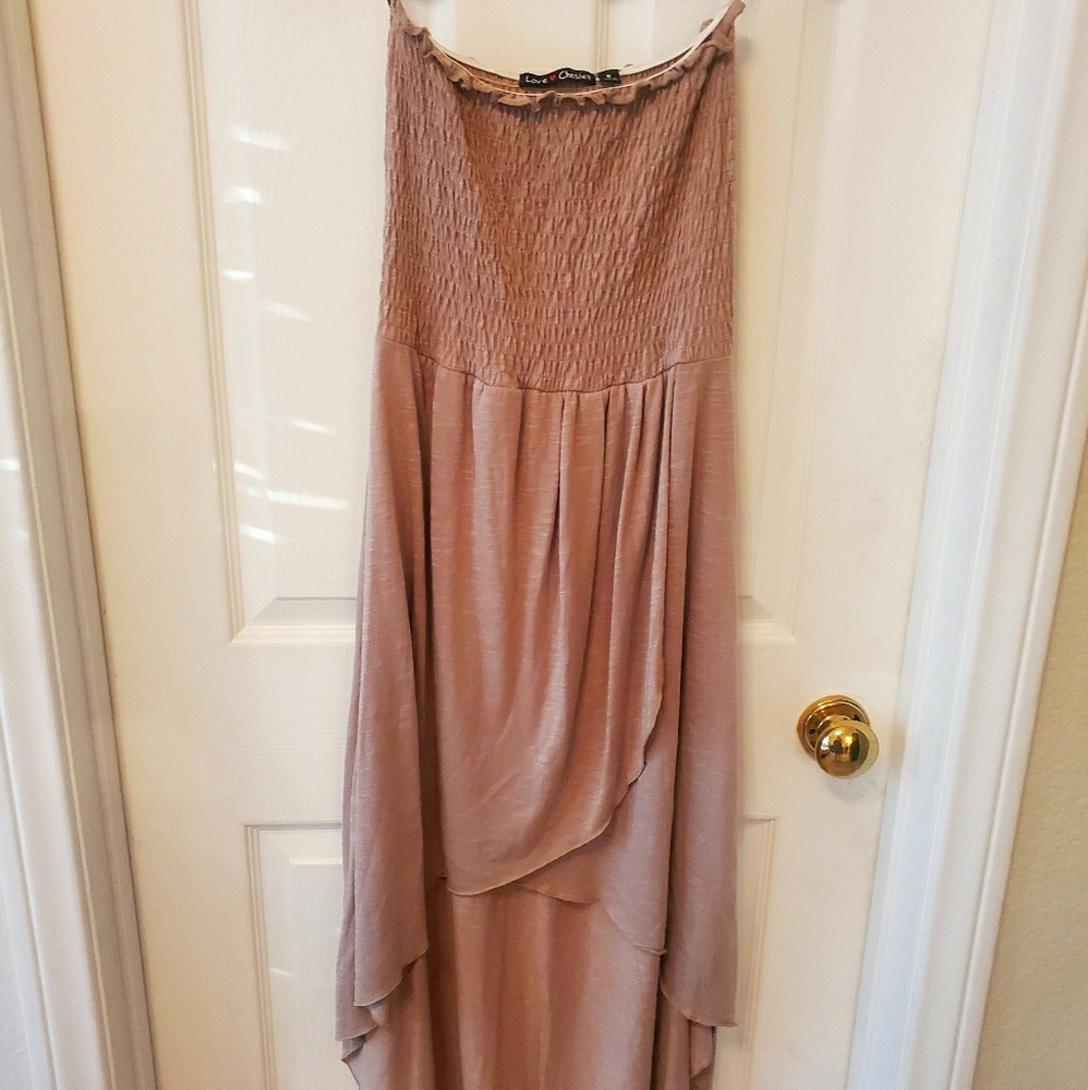 Tan flowy high low strapless dress Size small